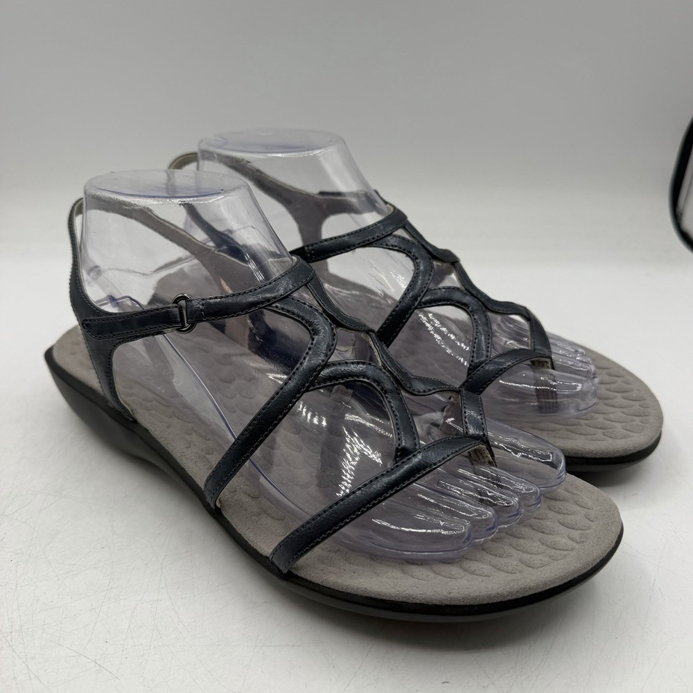 Clarks Privo Nitron Wedge Sandals Womens Sz 8 M Navy Blue Strappy Thong Comfort